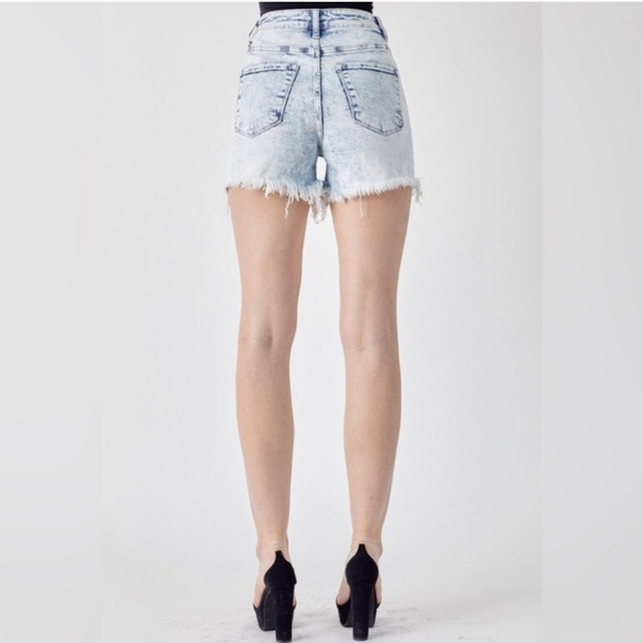 Risen jean shorts womens size Small cross over distressed hem acid wash RDS6004 - Picture 3 of 7